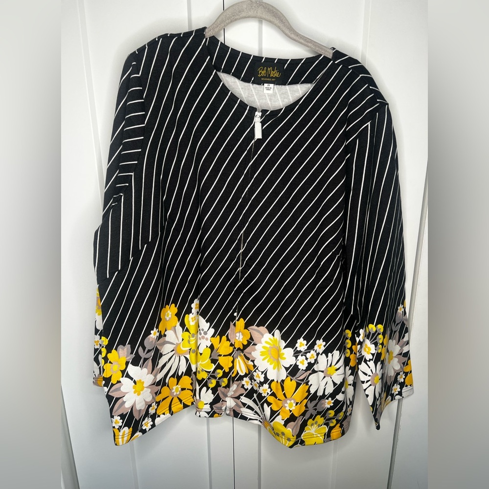 Bob Mackie Floral Diagonal Stripe Multi Ponte Knit Zip Jacket Plus Size 2X NWT